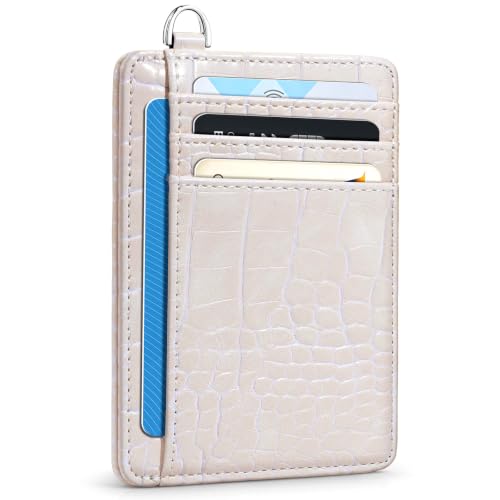 Coco Rossi Crocodile Wallet Women Slim Credit Card Holder with Keychain - color: A Beige Croc