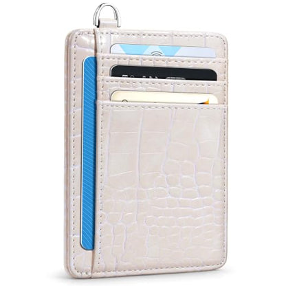 Coco Rossi Crocodile Wallet Women Slim Credit Card Holder with Keychain - color: A Beige Croc