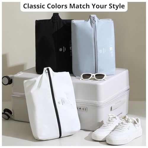 tianzong 3 Piece Double-Layer Fabric Wide-Opening Waterproof Travel Shoe Bag with Comfortable Handle (Black + Bluish Grey + White) - color: 3 Piece, Black + Bluish Grey + White