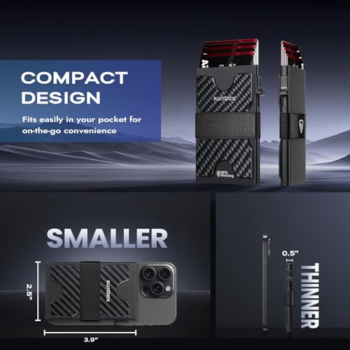 RUNBOX Slim Wallet for Men, RFID Aluminum Pop-Up Card Holder for 12 Cards - color: Carbon Fiber Black