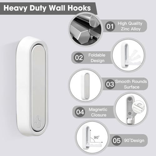 Dntorx Folding Wall Hooks, 2 Pack, White, Zinc Alloy, Heavy Duty Coat Hooks - color: White, size: 2 Pcs