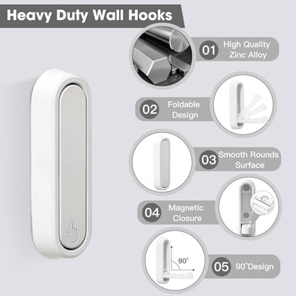 Dntorx Folding Wall Hooks, 2 Pack, White, Zinc Alloy, Heavy Duty Coat Hooks - color: White, size: 2 Pcs