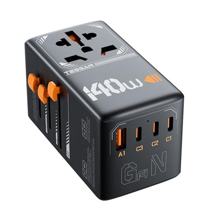 TESSAN Universal Travel Adapter, 140W GaN, Black - color: Black&Orange-140W