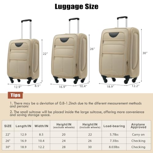 Softside Expandable Luggage Set 3 Piece, Lightweight 22/26/30 Inch Upright Spinner Suitcase with TSA Lock, 610D Polyester Travel Set (khaki) - color: khaki
