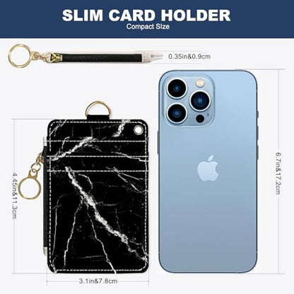 Slim Wallet Credit Card Holder, Black marble texture, RFID Wallet Women Cute Small Front Pocket Wallet With Zipper, PU Leather Thin travel RFID Blocking Card Case ID Window,Ladies Gifts - color: Black marble texture