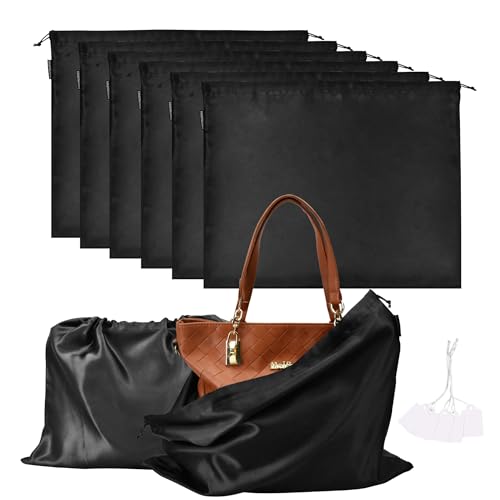 6 Pack Dust Bags for Handbags Silk Dust Cover Bag for Handbags Purses Shoes Boots, Silk Dustproof Drawstring Bag Travel Storage Pouch (Black, 23.6 × 19.6 in) - color: Black, size: 23.6 × 19.6 in