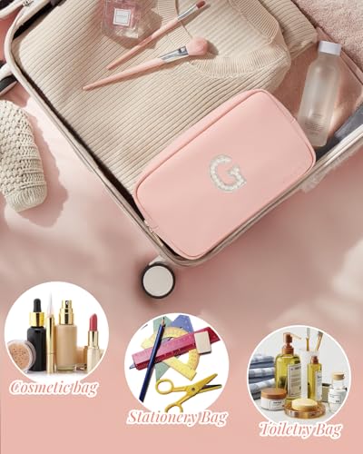 VLANDO Leather Makeup Bag with Pearl Monogram Patch,Pink G - color: 03-Pink-G