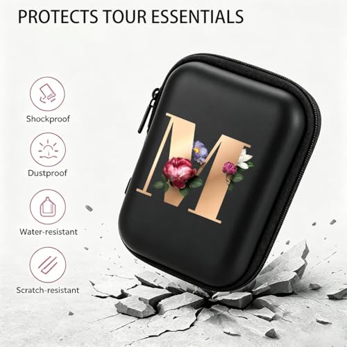 Letter And Flower Print Hard Shell Electronics Organizer, Shockproof Carrying Case for Cables, Earphones, Chargers, Ideal Gift for Travel & Daily Use，4.33 * 3.14 * 1.57 inch/SNB03-M