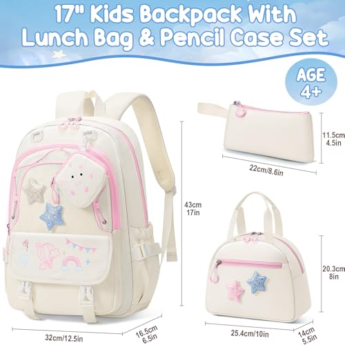 Fimibuke Kids Backpacks for Girls, 4 PCS Cute Bookbag Set for School Beige - color: Beige