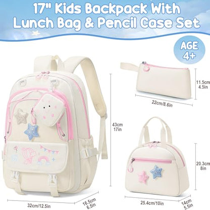 Fimibuke Kids Backpacks for Girls, 4 PCS Cute Bookbag Set for School Beige - color: Beige
