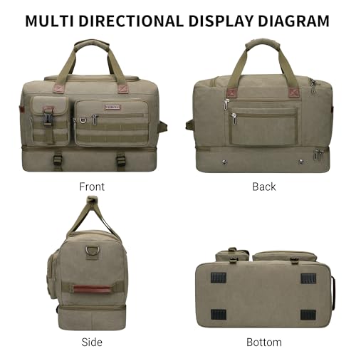 WITZMAN Duffle Bag for Men 60L Travel Canvas Weekender with Toiletry Bag - color: Army Green