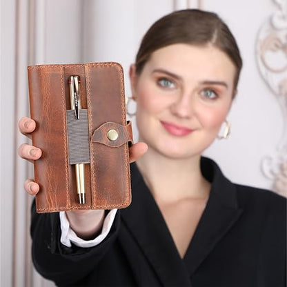 Genuine Leather Refillable Field Notes Cover 3.5 x 5.5 | Handmade Distressed Pocket Journal & Travel Diary Cover with Card Slots, Pen Loop & Passport Pocket Planner Case - color: Tan