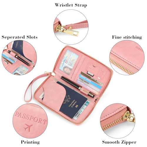 Leather RFID Blocking Passport Holder Travel Wallet, Passport Cover/Travel Wallet for Women/Men with - color: Light Pink
