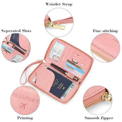 Leather RFID Blocking Passport Holder Travel Wallet, Passport Cover/Travel Wallet for Women/Men with - color: Light Pink