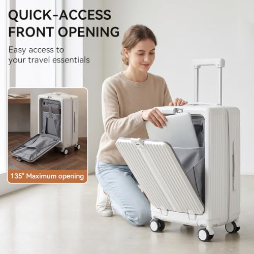 20Inch Carry On Luggage with Front Pocket and Cup Holder, White - color: White-SK, size: 20 Inch