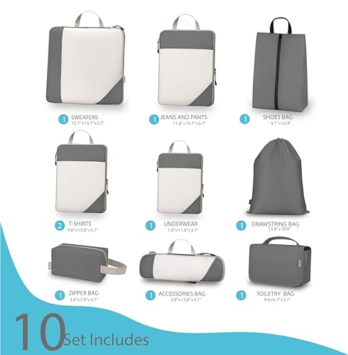 Compression Travel Packing Cubes with White Mesh, Grey, 10Pcs - color: Grey, size: Set of 10