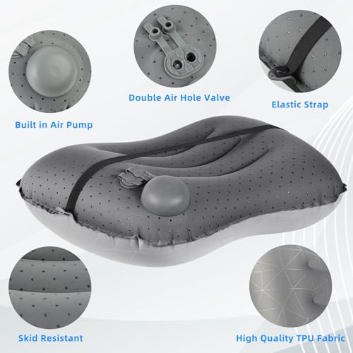 Crisonky Camping Pillow with Built in Pump - Inflatable Pillow - Travel Pillows for Backpacking & Airplane, Lumbar Support Blow Up Compressible Pillow