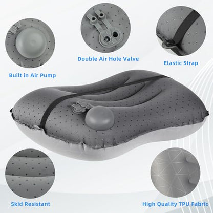 Crisonky Camping Pillow with Built in Pump - Inflatable Pillow - Travel Pillows for Backpacking & Airplane, Lumbar Support Blow Up Compressible Pillow