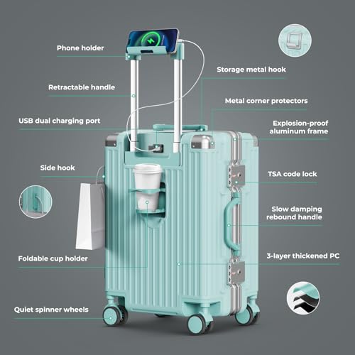 24 Inch Checked Luggage, Hardside Suitcase with TSA Lock - color: Mint green, size: 24 Inch