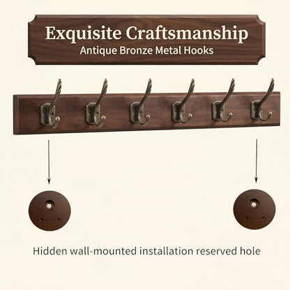 Wall Mounted Coat Rack with Solid Wood, 6 Bronze Metal Hooks – 23.22 Inch Rustic Brown Entryway Organizer for Hanging Coats, Hats, Jackets, Scarves, Bags, for Hallway, Bedroom, Bathroom（6Hooks） - size: Medium