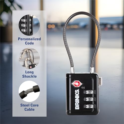 Brinks TSA Accepted Luggage Lock with 2.5" Cable Shackle, Black, 4-Pack - color: Black, size: 2.5" Shackle