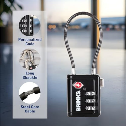 Brinks TSA Accepted Luggage Lock with 2.5" Cable Shackle, Black, 4-Pack - color: Black, size: 2.5" Shackle