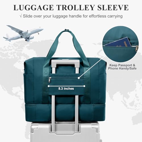Travel Duffel Bag,Overnight Weekender Bags for Women with Shoe Compartment - color: Peacock Blue