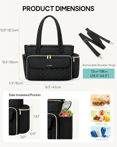RAINSMORE Teacher Bag for Women, 15.6" Laptop Work Tote, 40oz Cup Holder - color: Black
