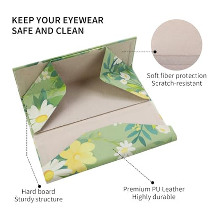 Foldable Glasses Case, Magnetic PU Leahter Sunglasses Case, Cute Hard Shell Folding Eyeglass Cases for Women Kids - color: Green Daisy