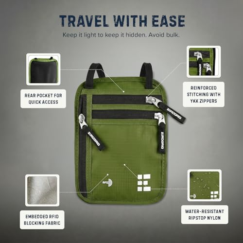 Zero Grid RFID Travel Neck Wallet, Large Passport Holder, Green - color: Green, size: Solo/Couple