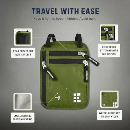 Zero Grid RFID Travel Neck Wallet, Large Passport Holder, Green - color: Green, size: Solo/Couple
