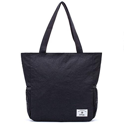 ETidy Large Capacity Foldable Tote Bag With Zipper | Water-resistant, Lightweight, Sandproof, Beach Bag, Gym Bag, Travel Shopping Bag - color: Black #