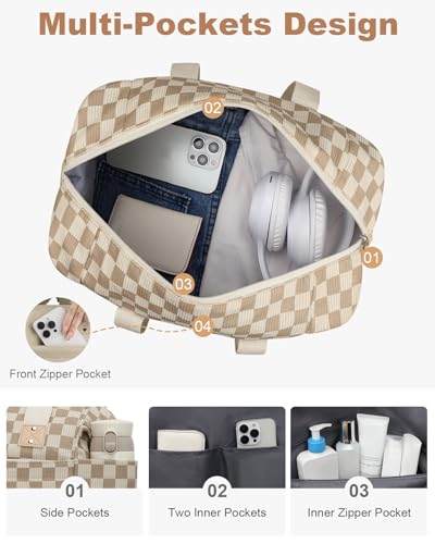 Pritent Travel Duffle Bag, Weekender Overnight Personal Item Carry On Bag - color: Khaki Square Grid, size: Medium