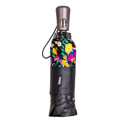 Totes Reverse Close Folding Inbrella with Auto Open Close and Compact - color: BLACK ELECTRIC FLORAL, size: 43" Canopy