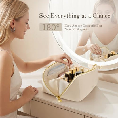 SHOWKOO Cosmetic Bag for Women, WideOpen Travel Makeup Bag with Compartment - color: Beige