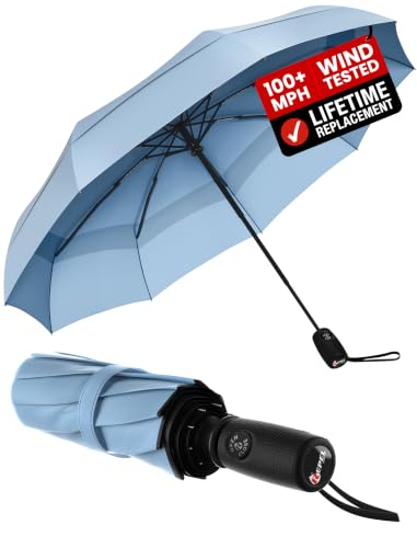 Windproof Travel Umbrella - Compact & Withstands Winds up to 100MPH, Strongest Premium Auto Folding Umbrella for Rain and Sun - Durable, Light & Portable for Women & Men, Fits Backpack & Cars - color: Slate Blue