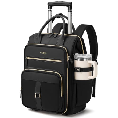 Ytonet Rolling Backpack for Women, 15.6 Inch Rolling Laptop Bag with Wheels - color: Pure Black