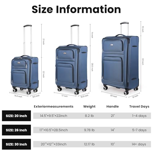 Softside Luggage Sets 3 Piece w/Front Pockets,Expandable - color: Blue, size: 3-Piece Set (20"/26"/30'')