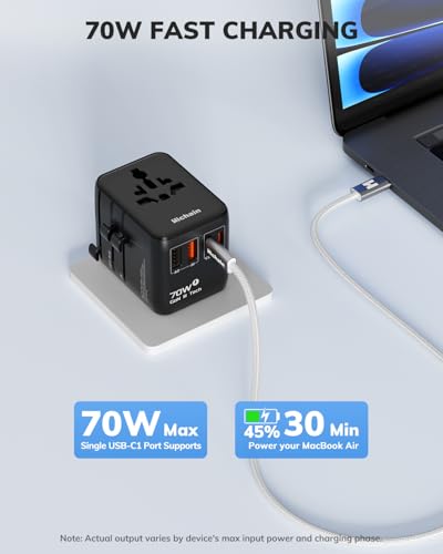 Hichain 70W GaN Universal Travel Adapter European Travel Plug Adapter Black - color: Black