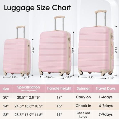 Merax Luggage Sets 3 Piece,Hard Case Suitcase 20/24/28 IN,Light Pink - color: Light Pink