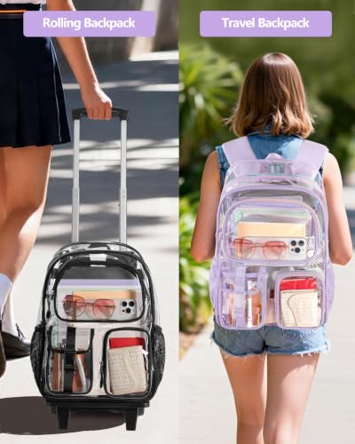 Yarwo Rolling Clear Backpack, 17" Transparent Bag with Detachable Trolley - color: Black