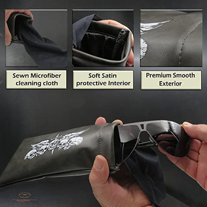 Soft Sunglasses case | Large Glasses Case Holder - Eyeglass Pouch Squeeze Top | Glasses pouch Lightweight Extra Layers - color: Dark Grey Skulls