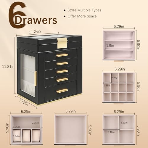 Homeanda Jewelry Boxes with Glass Lid, 6-Layer Large PU Leather, Black - color: Black, size: 6 Layer