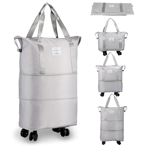 VOOWO Rolling Duffle Bag, Expandable Foldable Carry On Luggage with Wheels, Large Weekend Bag (Grey) - color: Grey