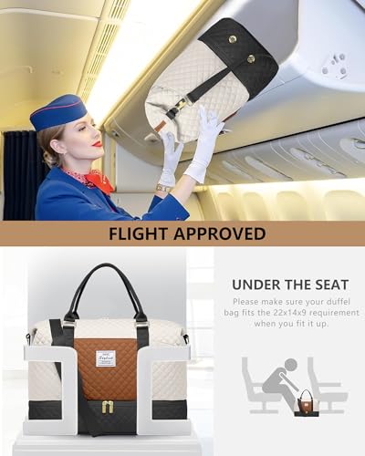 Travel Weekender Duffle Bag for Women: Overnight Bags with Shoe Compartment - color: Black White Brown, size: Large