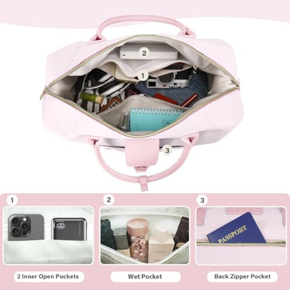 Leather Weekender Bags for Women, Travel Duffel Bag PU Overnight Bag Carry On Tote Bag with Shoe Compartment Wet Pocket - color: Pink, size: Large