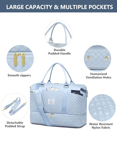 Travel Weekender Duffle Bag for Women: Overnight Bags with Shoe Compartment - color: 9-Light Blue, size: Large