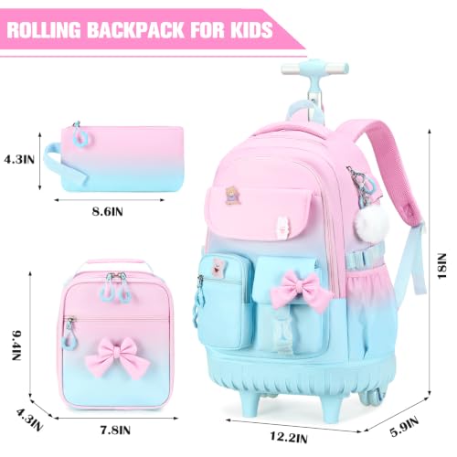 ACESAK Rolling Bow Backpack for Girls with Lunch Bag & Pencil Pouch - color: Pink Blue