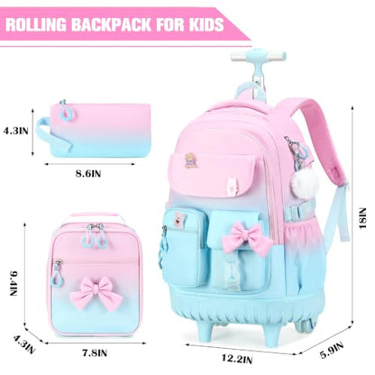 ACESAK Rolling Bow Backpack for Girls with Lunch Bag & Pencil Pouch - color: Pink Blue