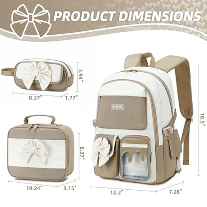 Backpack for Girls, Cute Girls Backpack with Lunch Bag Pencil Case - color: Brown
